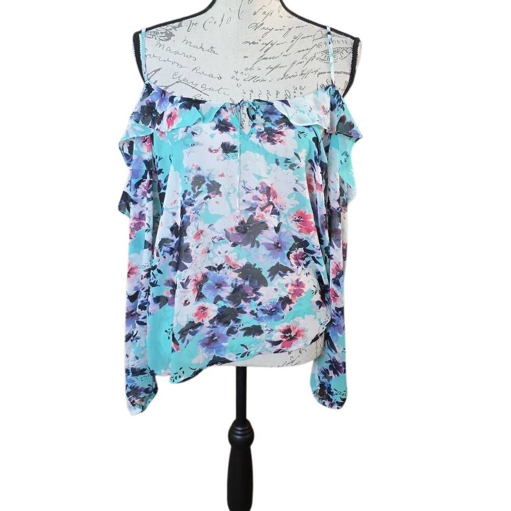 Arizona Jean Co Women's Size Large Blue Black Floral Round Neck Sheer Blouse